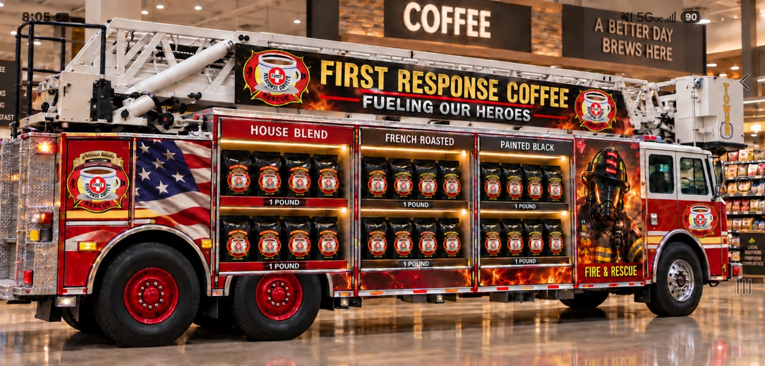 First Response Coffee fire truck display case stocked with House Blend, French Roasted, and Painted Black coffee bags in a retail store