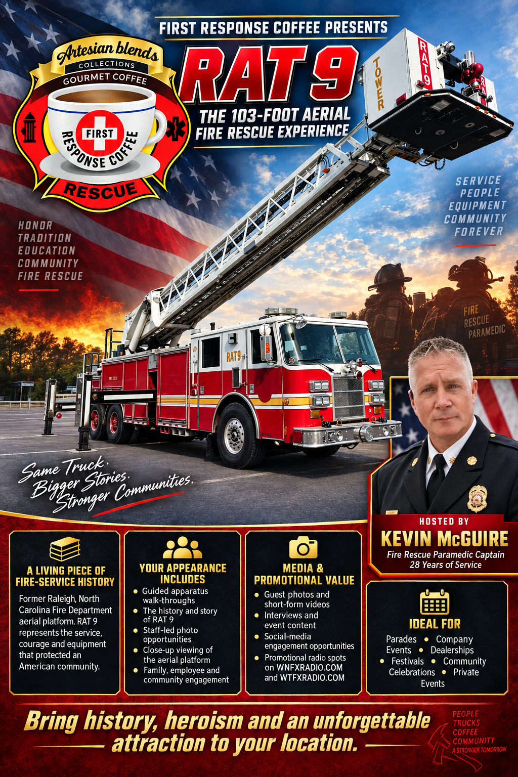 RAT 9 103-foot aerial fire truck available for promotional appearances