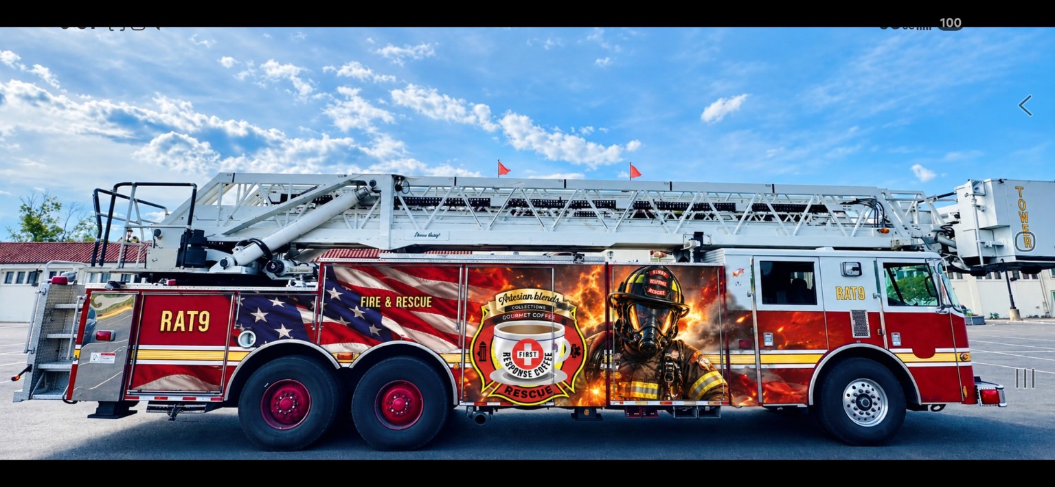 RAT 9 103-foot aerial fire apparatus in First Response Coffee livery